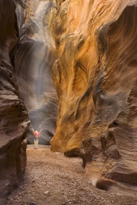 Framed Print : USA, Utah, Willis Creek. Woman hiker admiring slot canyon rock formations Framed Print : USA, Utah, Willis Creek. Woman hiker admiring slot canyon rock formations