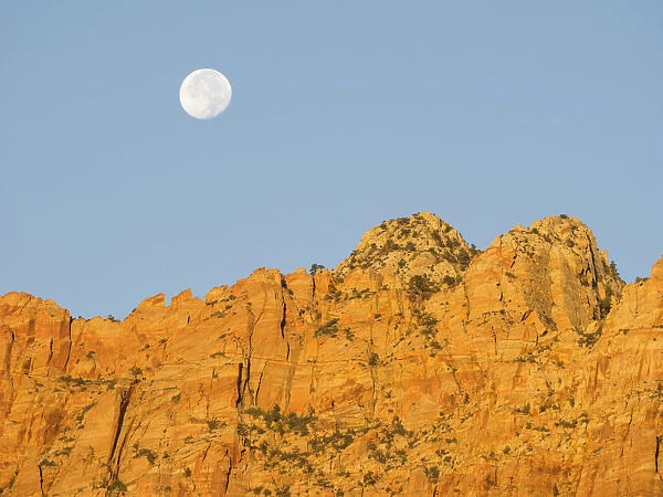 USA, Utah. Zion National Park, Canyon wall and full moon