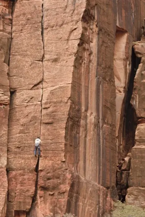 Framed Print : USA, Utah, Zion National Park, climber near Weeping Rock