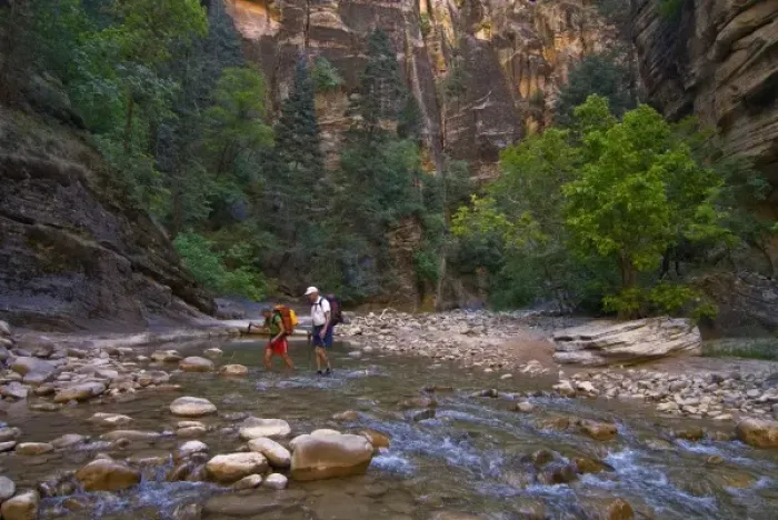 Framed Print : USA, Utah, Zion National Park. Two hikers in the Virgin River Narrows. (MR) Framed Print : USA, Utah, Zion National Park. Two hikers in the Virgin River Narrows. (MR)