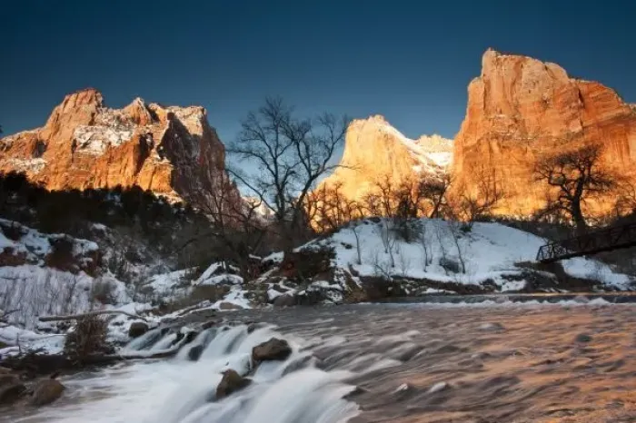 Framed Print : USA, Utah, Zion National Park. Mountain sunrise by the North Fork Virgin River, winter Framed Print : USA, Utah, Zion National Park. Mountain sunrise by the North Fork Virgin River, winter