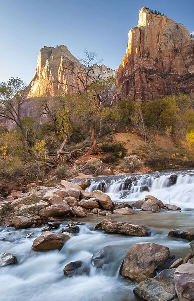 USA, Utah, Zion National Park. The Patriarchs formation and Virgin River. Credit as