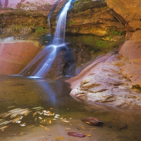 USA, Utah, Zion National Park. Small waterfall forms pool