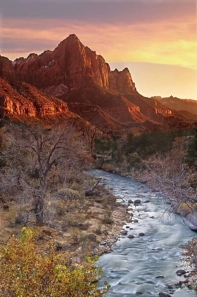 USA, Utah, Zion National Park. The Watchman and Virgin River at sunset