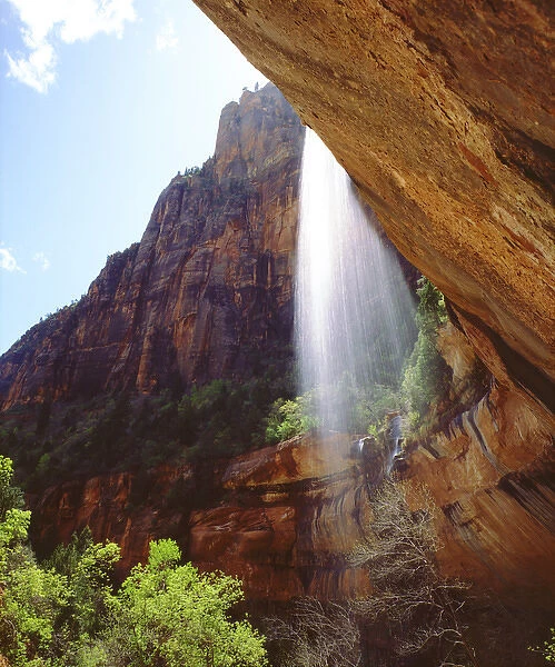 USA, Utah, Zion National Park. A waterfall drops from a sandstone cliff