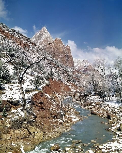 USA, Utah, Zion NP. Fresh snow sprinkles the red cliffs near the Virgin River in Zion National Park
