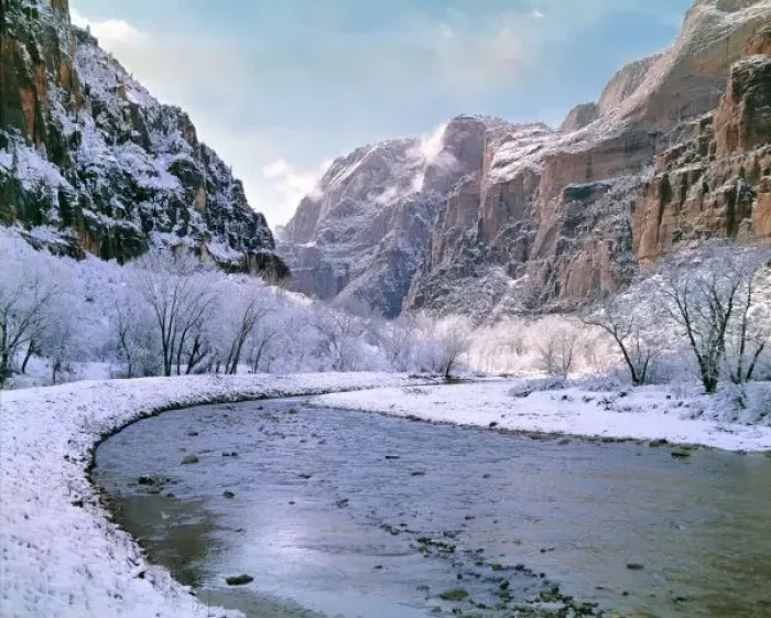 Framed Print : USA, Utah, Zion NP. New snow covers the canyon walls near the Virgin River in Zion National Park Framed Print : USA, Utah, Zion NP. New snow covers the canyon walls near the Virgin River in Zion National Park