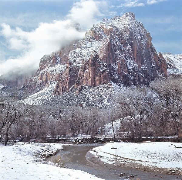 USA, Utah, Zion NP. The storm braks after dropping snow on the Virgin River, Zion National Park