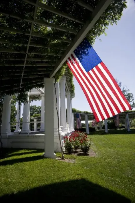 Framed Print : USA, VA, Arlington. The US flag hangs from multiple rafters at the Civil War Memorial