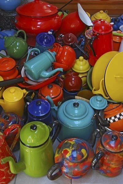 USA, Variety of antique enamelware teapots, coffeepots, pitchers, saucepans, cups and soup tureens