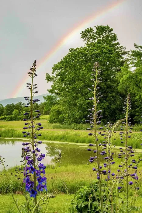 Framed Print : USA, Vermont, Addison County. Pond with rainbow, larkspur flowers