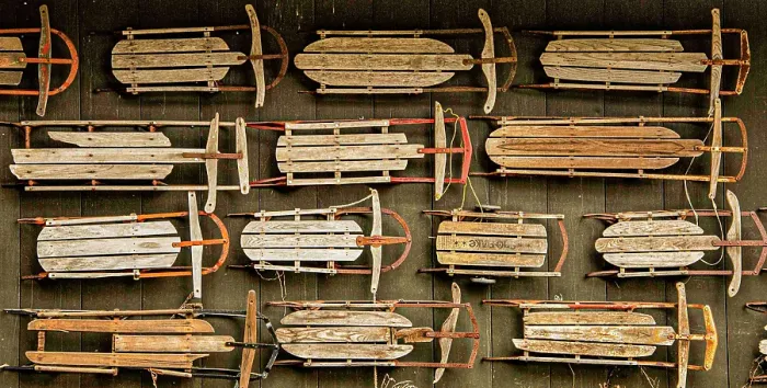 Framed Print : USA, Vermont. Side of barn mounted with old wooden sleds as decor Framed Print : USA, Vermont. Side of barn mounted with old wooden sleds as decor