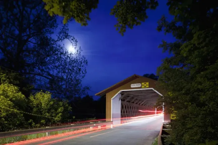 Framed Print : USA, Vermont, Bennington, Henry Covered Bridge at dusk Framed Print : USA, Vermont, Bennington, Henry Covered Bridge at dusk