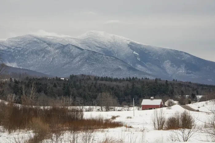 Framed Print : USA, Vermont, Cambridge. Lower Pleasant Road, toward the west side of Mount Mansfield, snow on field Framed Print : USA, Vermont, Cambridge. Lower Pleasant Road, toward the west side of Mount Mansfield, snow on field