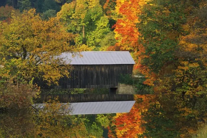 Framed Print : USA, Vermont. Covered bridge and autumn reflections
