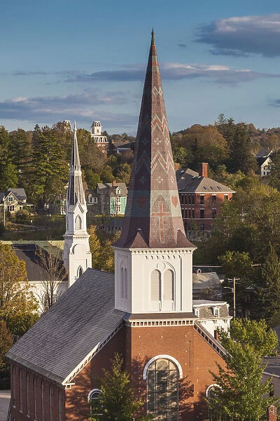 USA, Vermont, Montpelier. Elevated view of church steeples