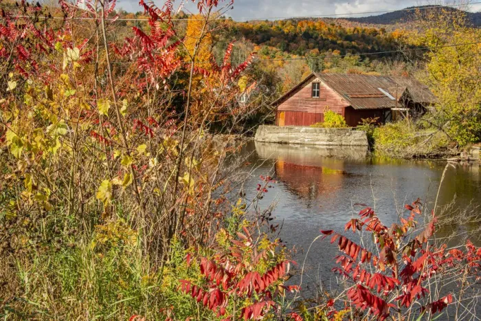 Framed Print : USA, Vermont, Moscow, mill on Little River pond there, fall foliage Framed Print : USA, Vermont, Moscow, mill on Little River pond there, fall foliage