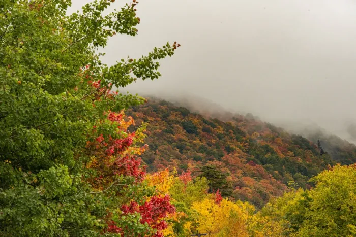 Framed Print : USA, Vermont, New England, Stowe Mt. Mansfield parking lot view with fog on mountains Framed Print : USA, Vermont, New England, Stowe Mt. Mansfield parking lot view with fog on mountains