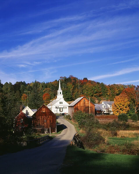USA, Vermont, Northeast Kingdom, Waits River, View of church and barn in autumn
