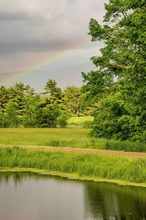 Framed Print : USA, Vermont, Otter Creek River Basin, Weybridge. Pond with rainbow and Green Mountains beyond
