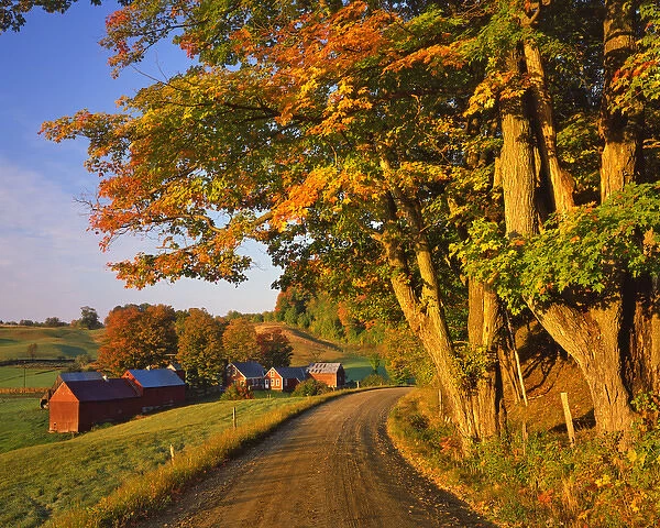 USA, Vermont, South Woodstock. Scenic of road and Jenne Farm. Credit as: Steve Terrill