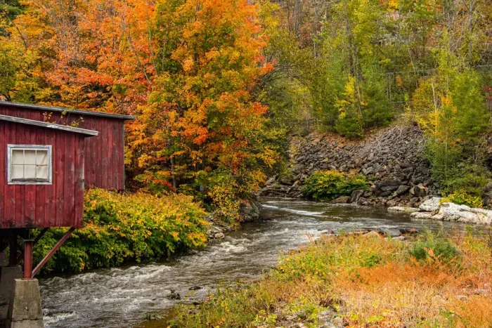 Framed Print : USA, Vermont, Stowe, red mill on Little River as it flows south of Stowe to Winooski River, fall foliage Framed Print : USA, Vermont, Stowe, red mill on Little River as it flows south of Stowe to Winooski River, fall foliage