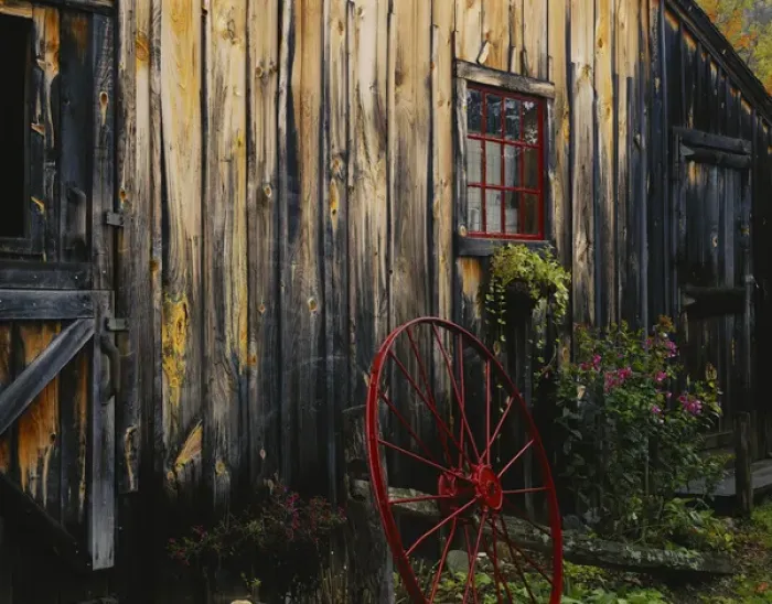 Framed Print : USA, Vermont, Weston, Drury Place, Wheel besides barn Framed Print : USA, Vermont, Weston, Drury Place, Wheel besides barn
