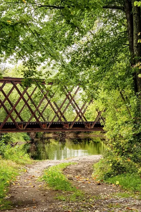 Framed Print : USA, Vermont, Whiting. 1896 metal railroad trestle bridge over tributary to Otter Creek