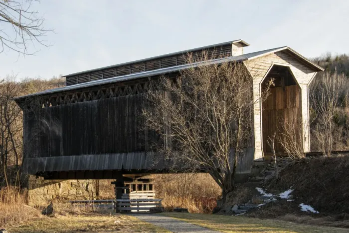 Framed Print : USA, Vermont, Wolcott on Rt. 15 between Morrisville and Joes Pond, covered RR bridge over Lamoille River Framed Print : USA, Vermont, Wolcott on Rt. 15 between Morrisville and Joes Pond, covered RR bridge over Lamoille River