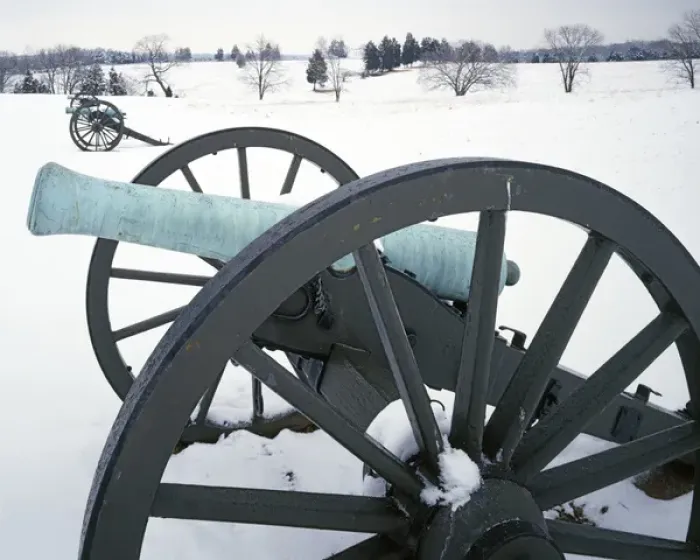 Framed Print : USA, Virginia, Manassas National Battlefield Park, Cannons in snow