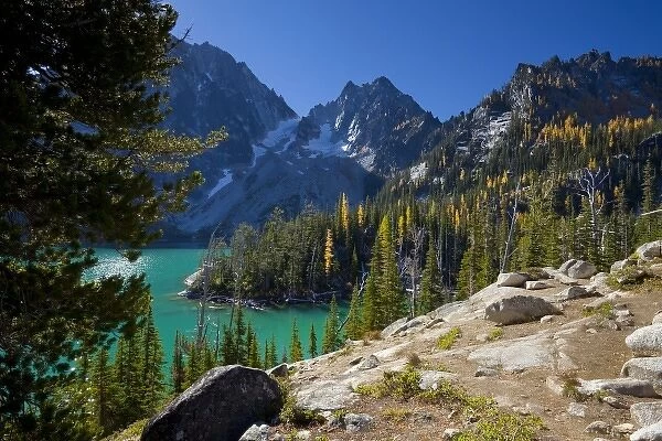 USA, WA, Alpine Lakes WIlderness. Colchuck Lake, in the fall with yellow larch trees