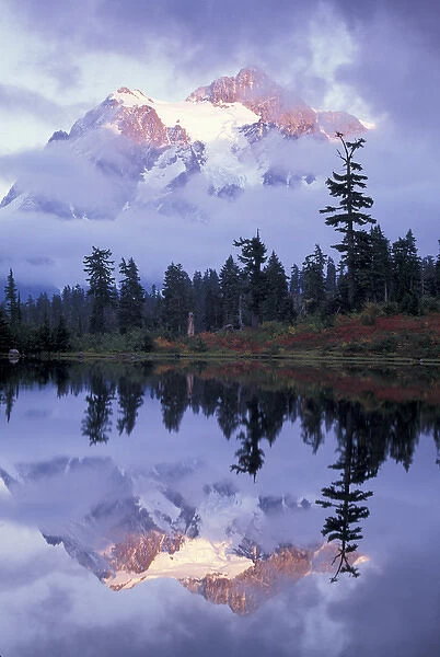 USA, WA, Heather Meadows RA. Mount Shuksan shrouded in clouds and reflected in Picture
