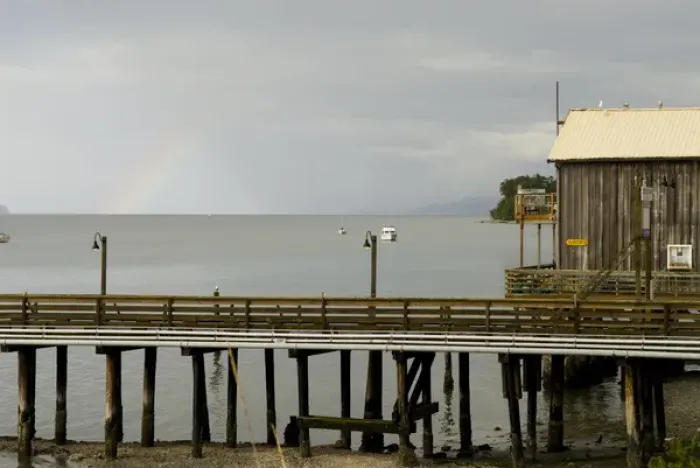 Framed Print : USA, WA, Island County, Whidbey Island. Rainbow over Penn Cove after storm passes