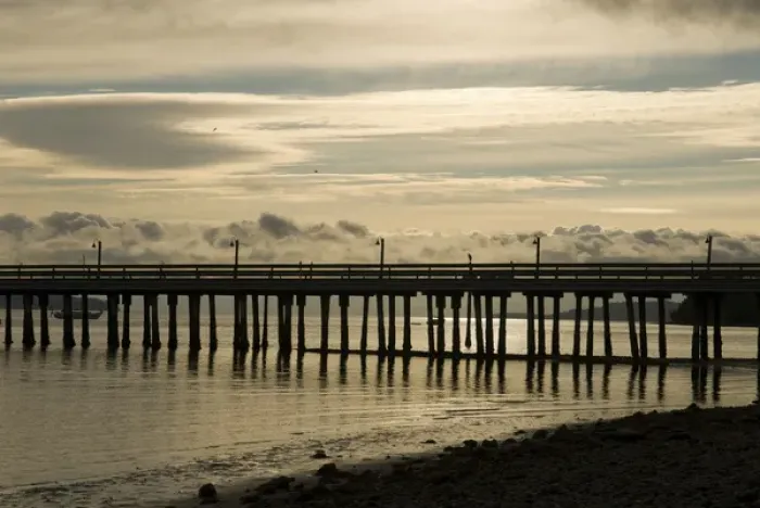 Framed Print : USA, WA, Island County, Whidbey Island. Coupeville waterfront pier silhouetted early Framed Print : USA, WA, Island County, Whidbey Island. Coupeville waterfront pier silhouetted early