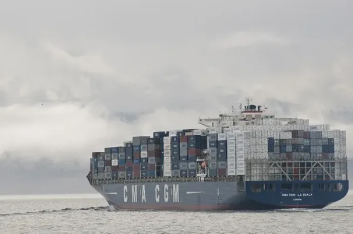 Framed Print : USA, WA, Laden container ship moves through Strait of Juan de Fuca with fog and clouds Framed Print : USA, WA, Laden container ship moves through Strait of Juan de Fuca with fog and clouds