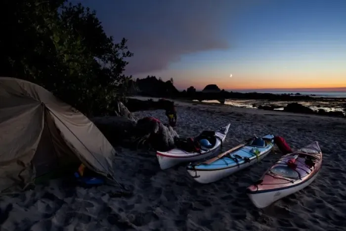 Framed Print : USA, WA, Olympic National Park. Sea kayaks and tent at kayaker camp, with crescent moon at sunset Framed Print : USA, WA, Olympic National Park. Sea kayaks and tent at kayaker camp, with crescent moon at sunset