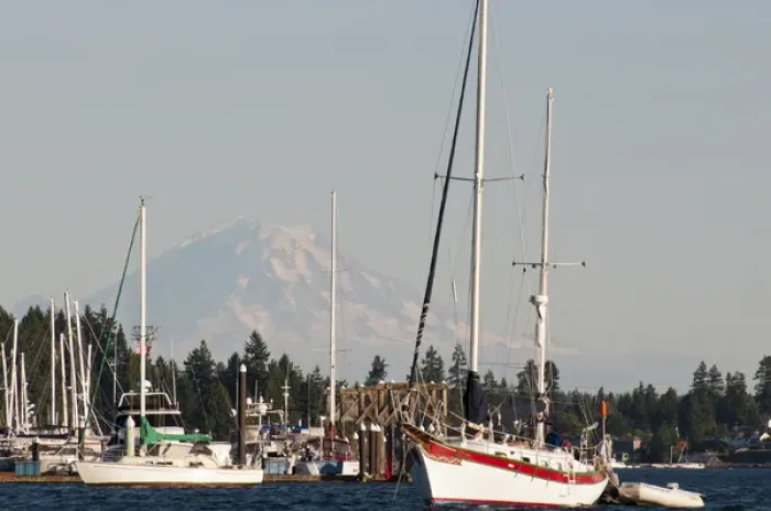 Framed Print : USA, WA, Poulsbo. Moorage Poulsbo marina in Liberty Bay with Mt Rainier looming