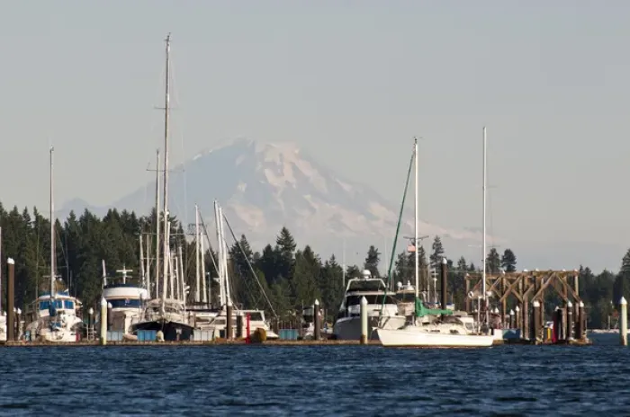 Framed Print : USA, WA, Poulsbo. Moorage Poulsbo marina in Liberty Bay with Mt Rainier looming Framed Print : USA, WA, Poulsbo. Moorage Poulsbo marina in Liberty Bay with Mt Rainier looming