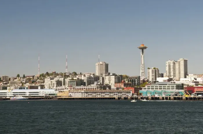 Framed Print : USA, WA, Seattle. Downtown skyline and Alaskan Way waterfront as seen from Bainbridge ferry