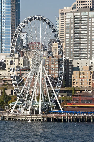 USA, WA, Seattle. Dramatic downtown waterfront with new Seattle Great Wheel on Pier 57