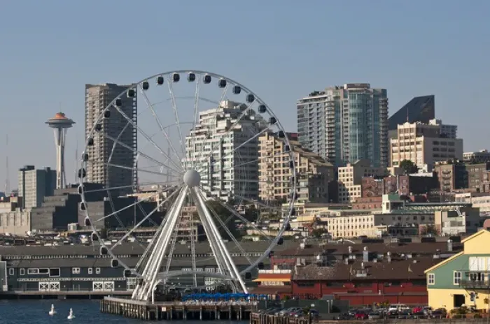 Framed Print : USA, WA, Seattle. Dramatic downtown waterfront includes iconic Space Needle