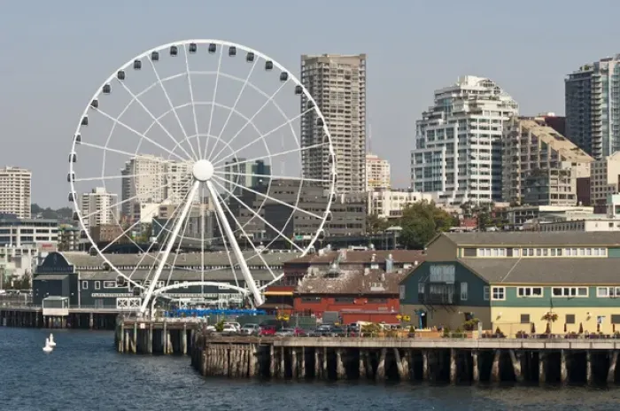 Framed Print : USA, WA, Seattle. Dramatic downtown waterfront with new Seattle Great Wheel on Pier 57