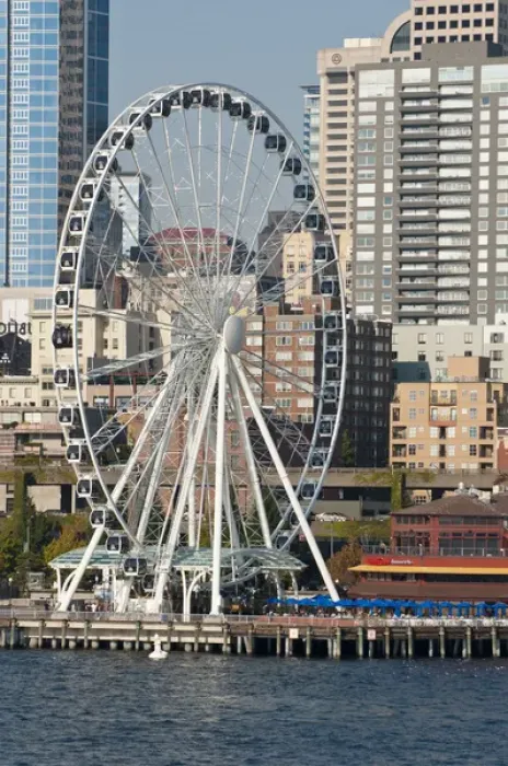 Framed Print : USA, WA, Seattle. Dramatic downtown waterfront with new Seattle Great Wheel on Pier 57 Framed Print : USA, WA, Seattle. Dramatic downtown waterfront with new Seattle Great Wheel on Pier 57