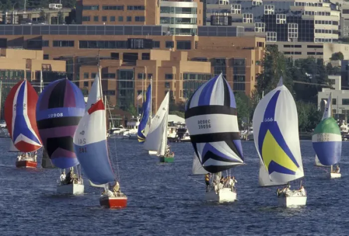 Framed Print : USA, WA, Seattle, Lake Union. Duck Dodge Sailboat Race Framed Print : USA, WA, Seattle, Lake Union. Duck Dodge Sailboat Race