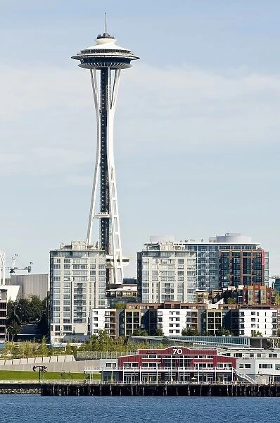 USA, WA, Seattle. Pier 70, Space Needle and waterfront condos from Bainbridge Ferry