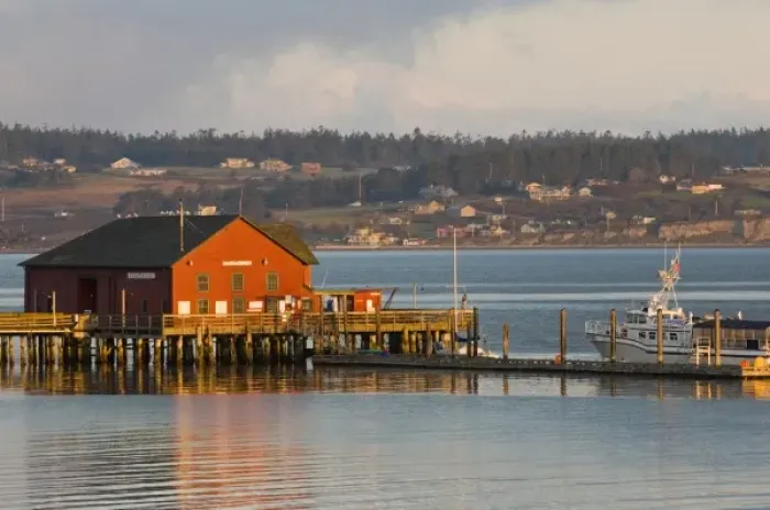 Framed Print : USA, WA, Whidbey Island, Coupeville. Wharf and whale watching boat at first light Framed Print : USA, WA, Whidbey Island, Coupeville. Wharf and whale watching boat at first light