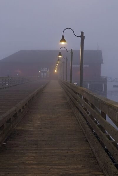 USA, WA, Whidbey Island. Coupeville wharf in fog pre dawn