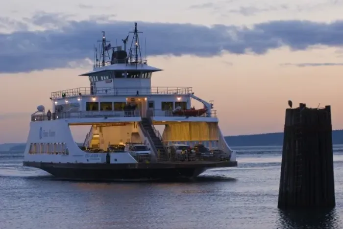 Framed Print : USA, WA, Whidbey Island. Port Townsend  /  Keystone ferry Steilacoom II arrives at dusk