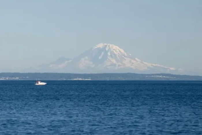 Framed Print : USA, WA, Whidbey Island, Useless Bay. Mount Rainier on clear day dramatic backdrop