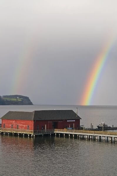 USA, WA, Whidbey Island. Vibrant double rainbow in Penn Cove backdrop for Coupeville